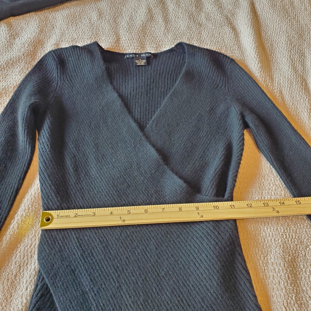 Jenne Maac Black 100% Cashmere Ribbed Wrap V-Neck Asymmetrical Sweater Small - Picture 4 of 8